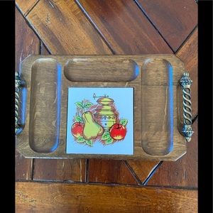 Vintage Brass Handeled  Wood with Tile Cheese Board.